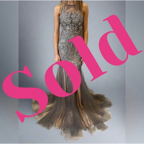 JVN by Jovani Dresses & Skirts - Jovani 98665 prom dress in gunmetal grey. Lace underlay & illusion neckline Sz 6